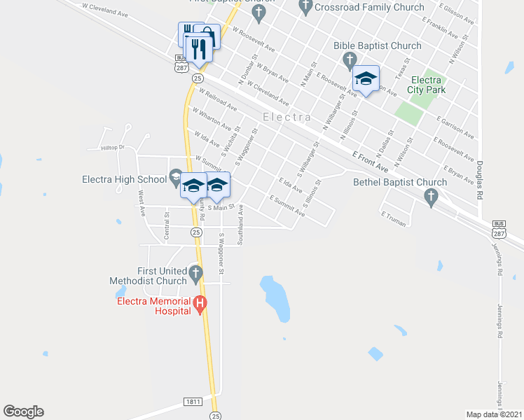 map of restaurants, bars, coffee shops, grocery stores, and more near 510 South Electra in Electra