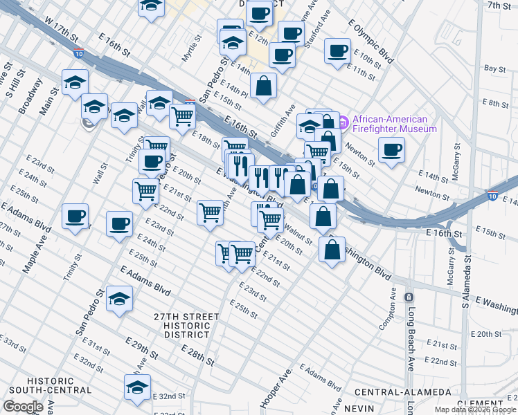 map of restaurants, bars, coffee shops, grocery stores, and more near 1215 East 20th Street in Los Angeles