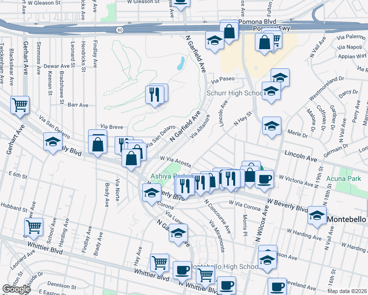 map of restaurants, bars, coffee shops, grocery stores, and more near 616 Via Altamira in Montebello