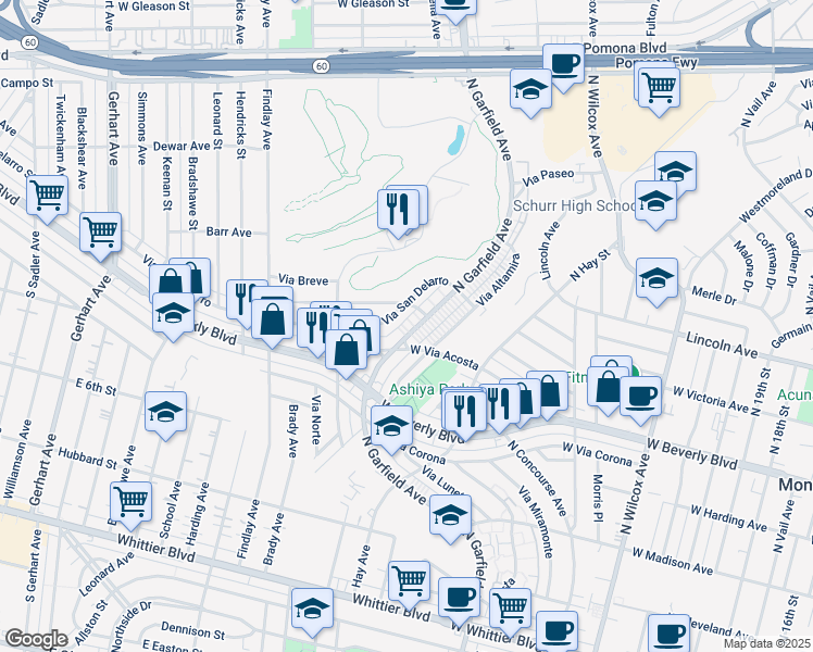 map of restaurants, bars, coffee shops, grocery stores, and more near 549 North Garfield Avenue in Montebello