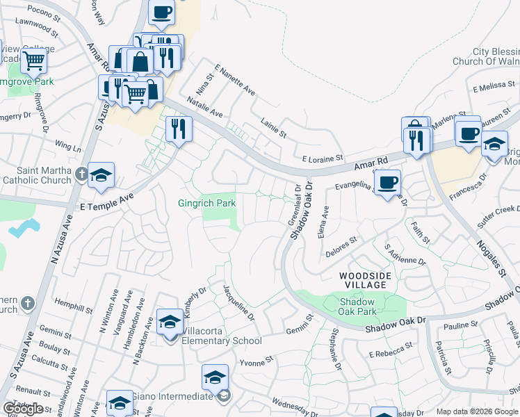 map of restaurants, bars, coffee shops, grocery stores, and more near 2648 Hillsborough Place in West Covina