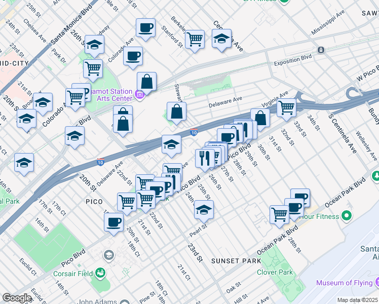 map of restaurants, bars, coffee shops, grocery stores, and more near 2519 Kansas Avenue in Santa Monica