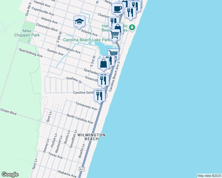 map of restaurants, bars, coffee shops, grocery stores, and more near 1009-A Lake Park Boulevard South in Carolina Beach