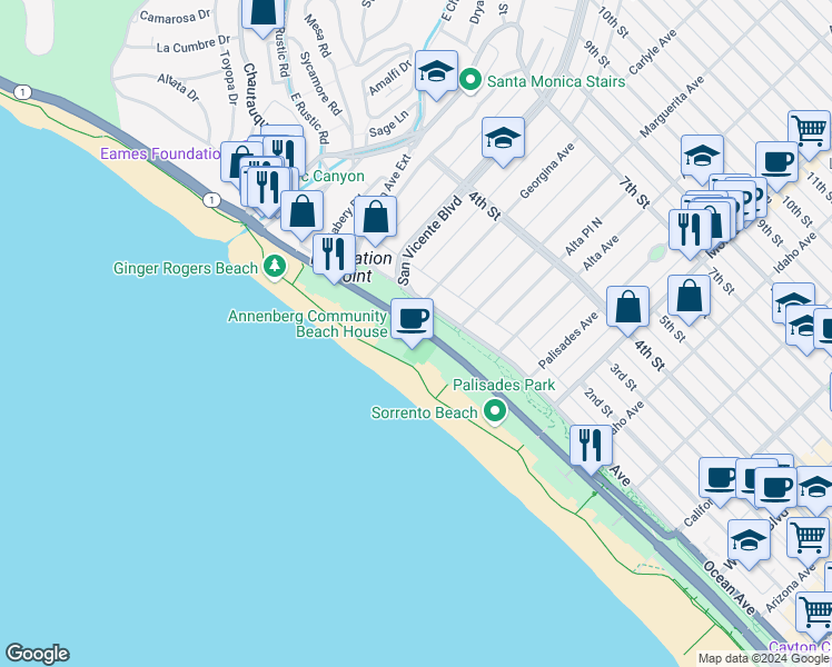 map of restaurants, bars, coffee shops, grocery stores, and more near 201 Ocean Avenue Extension in Santa Monica