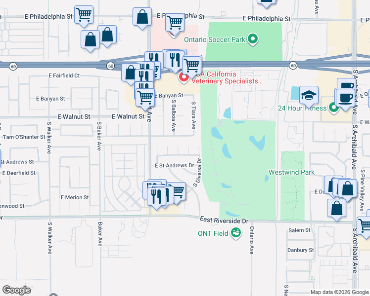 map of restaurants, bars, coffee shops, grocery stores, and more near 2714 South Pebble Beach Court in Ontario