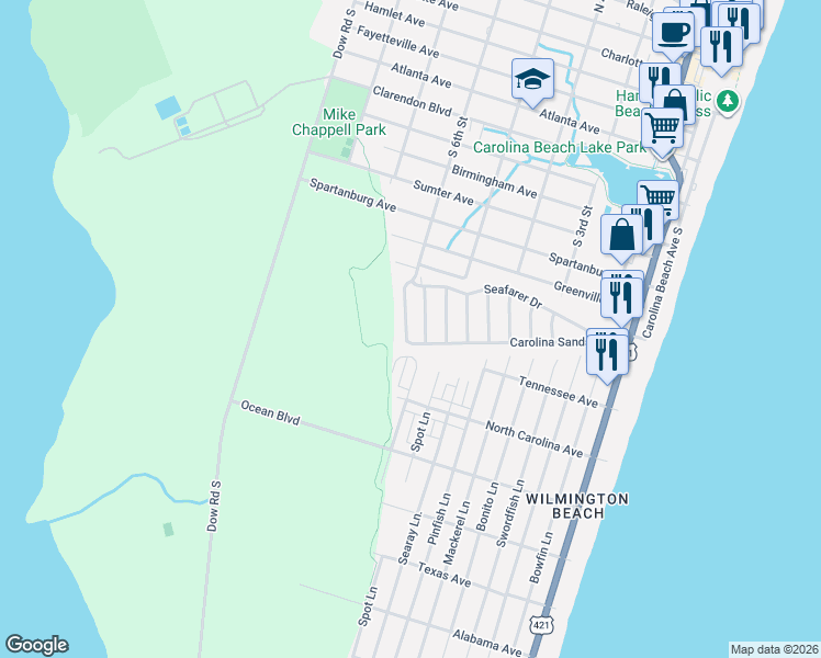 map of restaurants, bars, coffee shops, grocery stores, and more near 919 Carolina Sands Drive in Carolina Beach