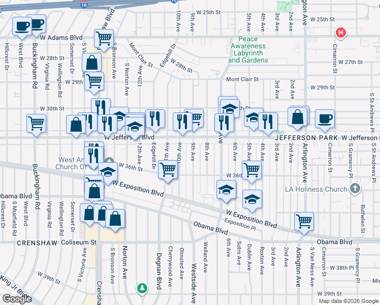 map of restaurants, bars, coffee shops, grocery stores, and more near 3437 9th Avenue in Los Angeles