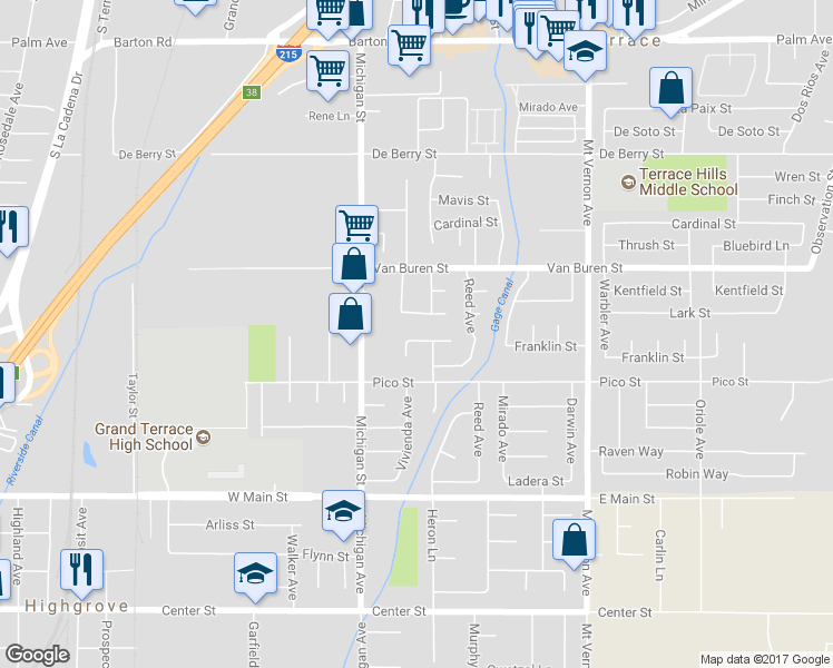 map of restaurants, bars, coffee shops, grocery stores, and more near 22196 Emerald Street in Grand Terrace