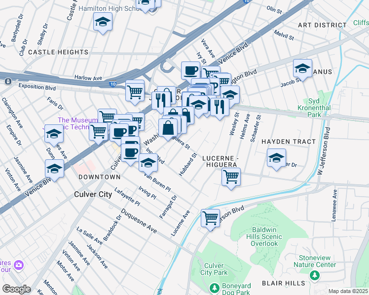 map of restaurants, bars, coffee shops, grocery stores, and more near 4003 Higuera Street in Culver City