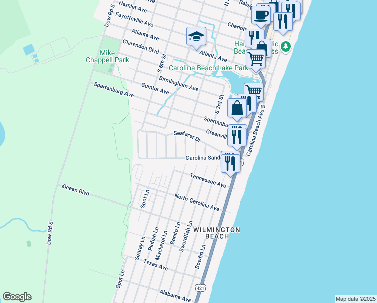 map of restaurants, bars, coffee shops, grocery stores, and more near 918 Tidewater Lane in Carolina Beach