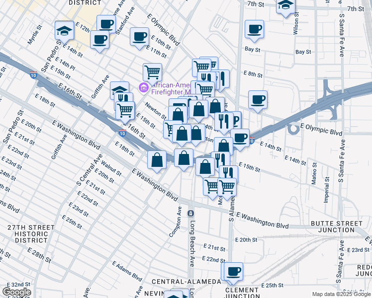 map of restaurants, bars, coffee shops, grocery stores, and more near 1520 E 15th St in Los Angeles