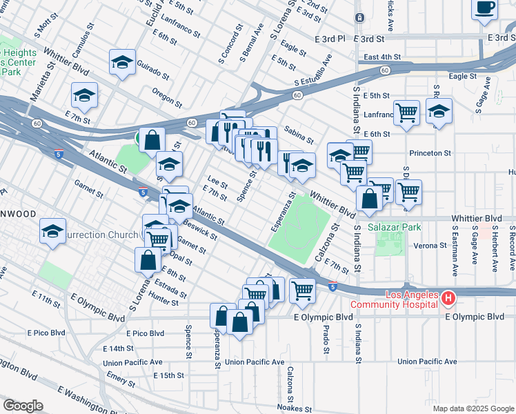map of restaurants, bars, coffee shops, grocery stores, and more near 3533 East 7th Street in Los Angeles