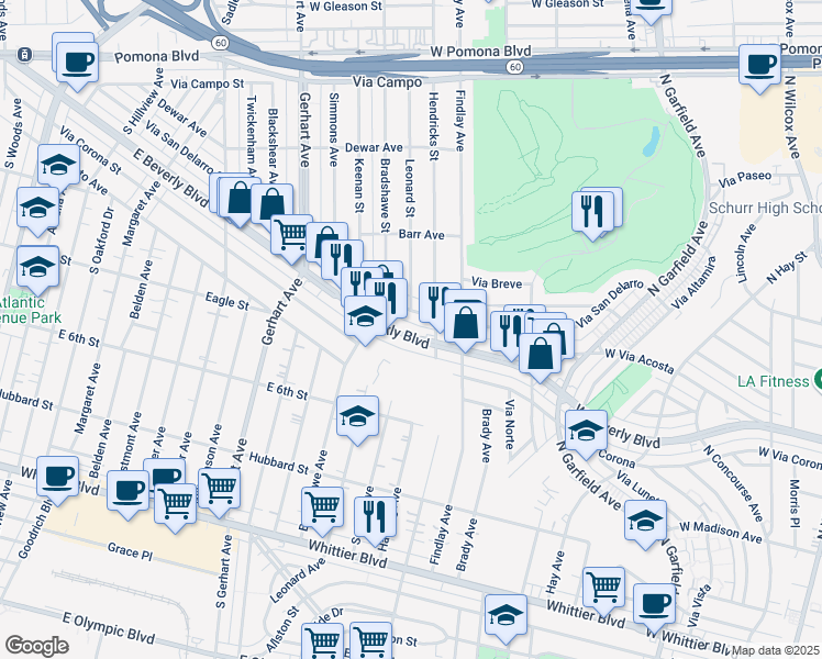 map of restaurants, bars, coffee shops, grocery stores, and more near 3320 West Beverly Boulevard in Montebello