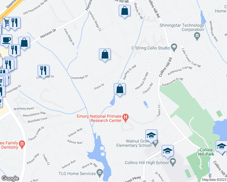 map of restaurants, bars, coffee shops, grocery stores, and more near 70 Paris Drive in Lawrenceville