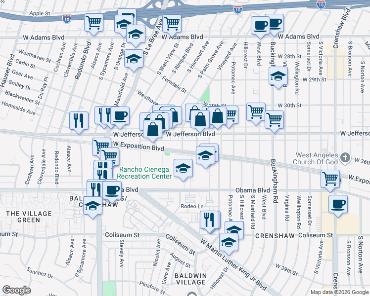 map of restaurants, bars, coffee shops, grocery stores, and more near 4729 West Exposition Boulevard in Los Angeles