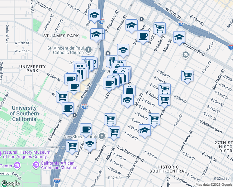 map of restaurants, bars, coffee shops, grocery stores, and more near West 28th Street in Los Angeles