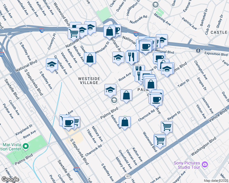map of restaurants, bars, coffee shops, grocery stores, and more near 10827 Woodbine Street in Los Angeles