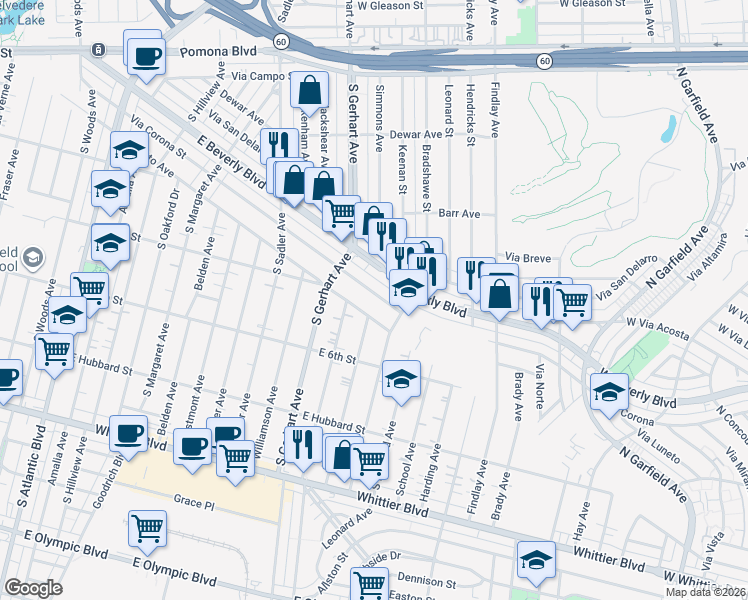 map of restaurants, bars, coffee shops, grocery stores, and more near 3525 West Via Corona Street in Montebello