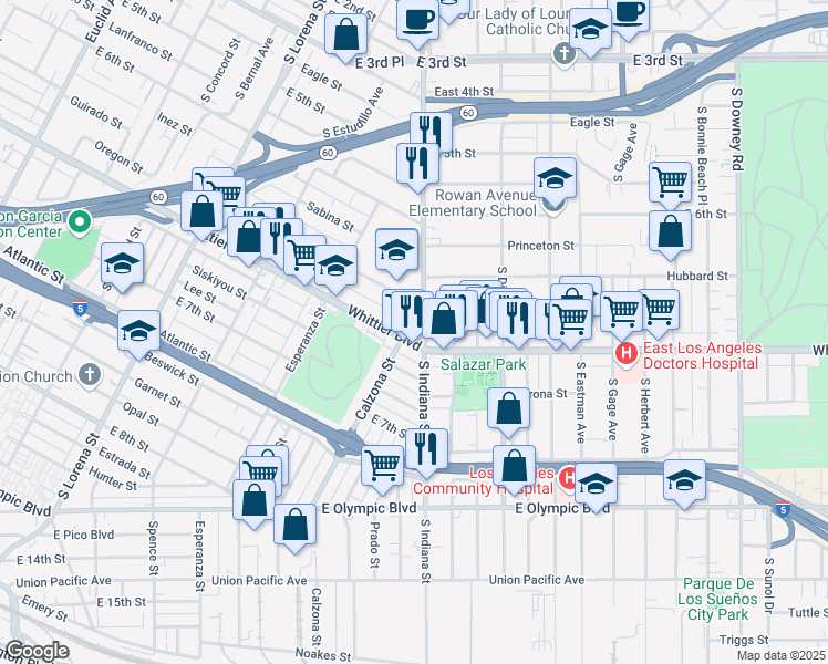 map of restaurants, bars, coffee shops, grocery stores, and more near 3731 Whittier Boulevard in Los Angeles