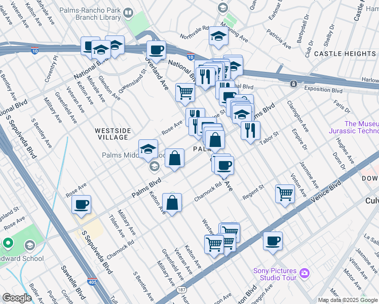 map of restaurants, bars, coffee shops, grocery stores, and more near 10740 Lawler Street in Los Angeles
