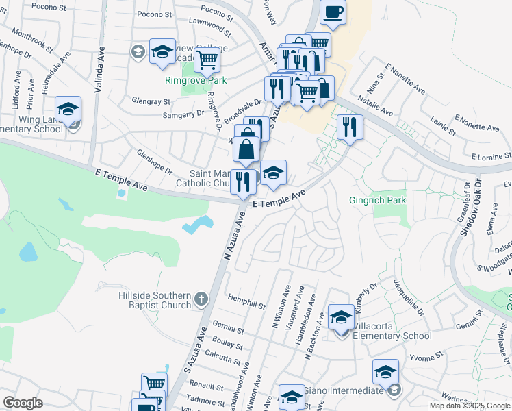 map of restaurants, bars, coffee shops, grocery stores, and more near 17340 Temple Ave in La Puente