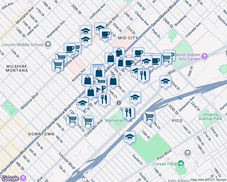 map of restaurants, bars, coffee shops, grocery stores, and more near 1525 17th Street in Santa Monica