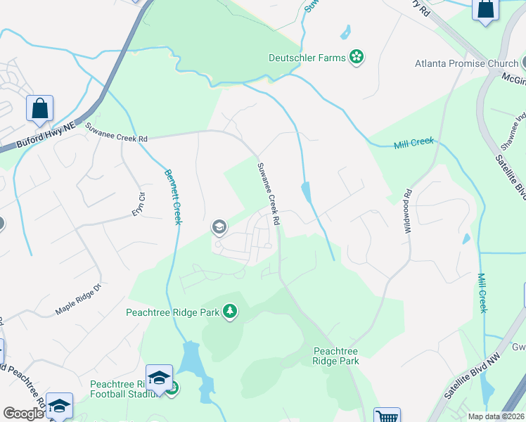 map of restaurants, bars, coffee shops, grocery stores, and more near 3260 Bennett Creek Lane in Johns Creek