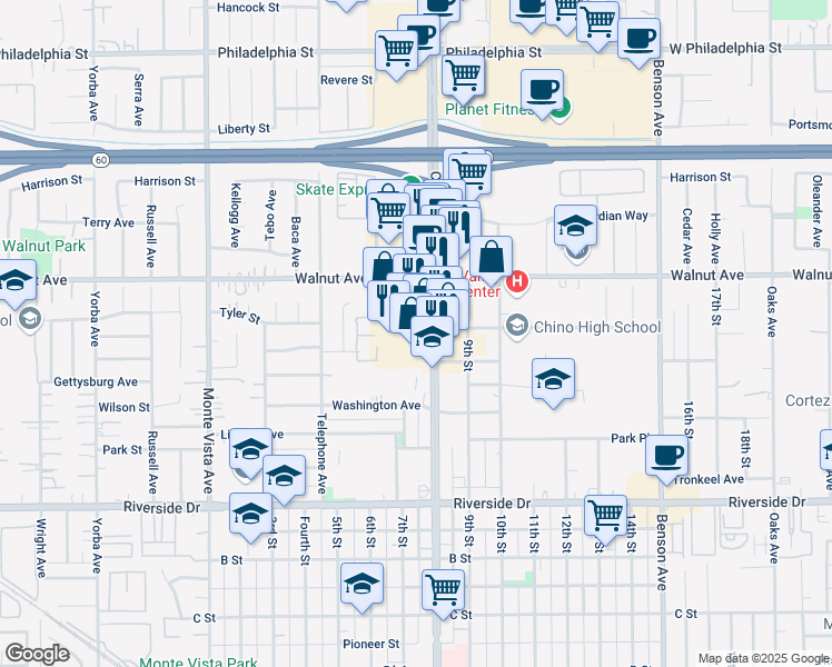 map of restaurants, bars, coffee shops, grocery stores, and more near 12568 Central Avenue in Chino