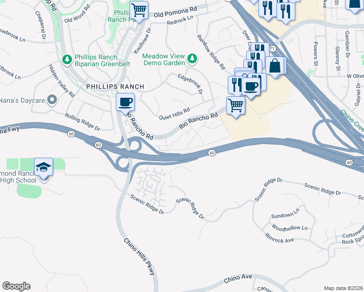 map of restaurants, bars, coffee shops, grocery stores, and more near 61 Brownfield Lane in Pomona