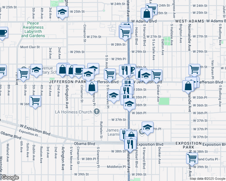 map of restaurants, bars, coffee shops, grocery stores, and more near 1770 West 35th Street in Los Angeles