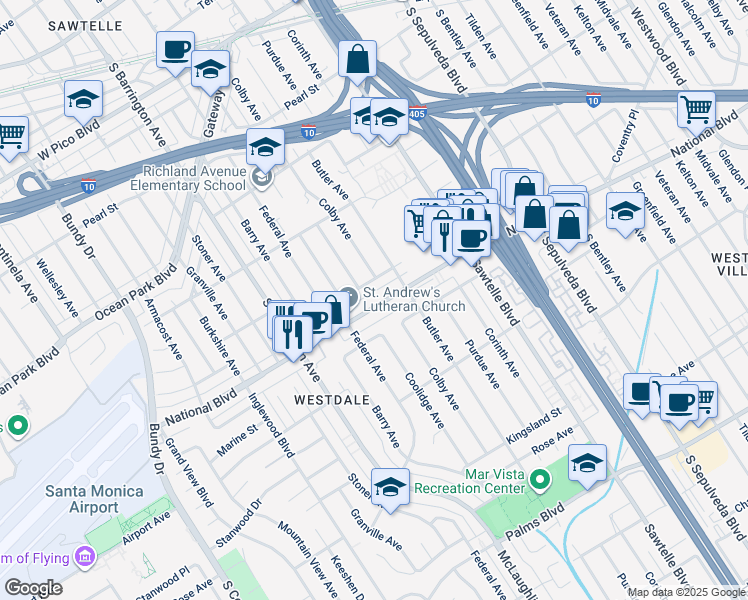 map of restaurants, bars, coffee shops, grocery stores, and more near 11507 National Boulevard in Los Angeles