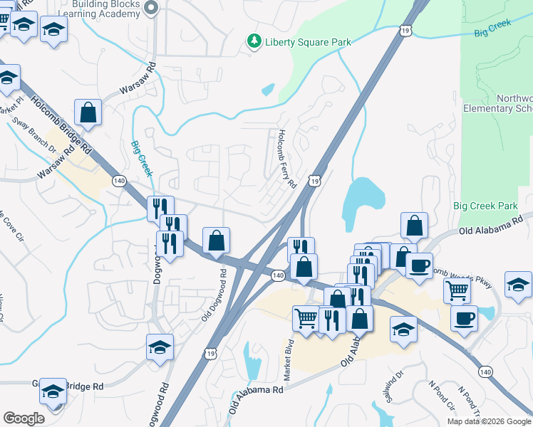 map of restaurants, bars, coffee shops, grocery stores, and more near 136 Old Ferry Way in Roswell