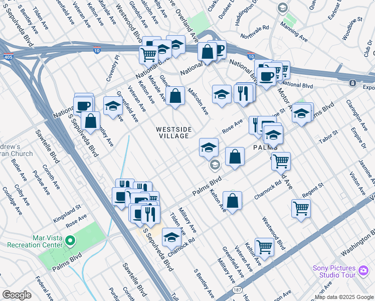 map of restaurants, bars, coffee shops, grocery stores, and more near 10883 Rose Avenue in Los Angeles