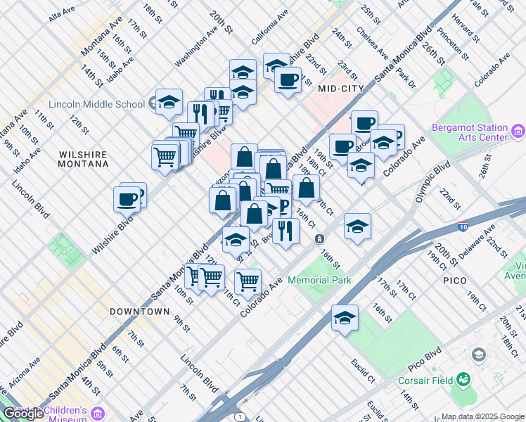 map of restaurants, bars, coffee shops, grocery stores, and more near in Santa Monica