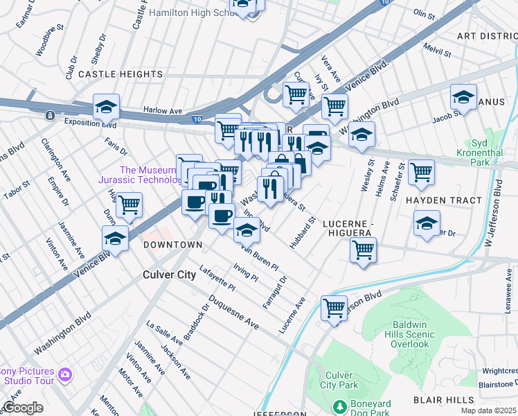 map of restaurants, bars, coffee shops, grocery stores, and more near 9038 Lindblade Street in Culver City