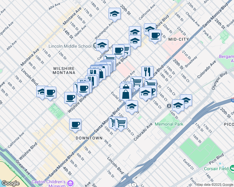 map of restaurants, bars, coffee shops, grocery stores, and more near 1314 Euclid Street in Santa Monica