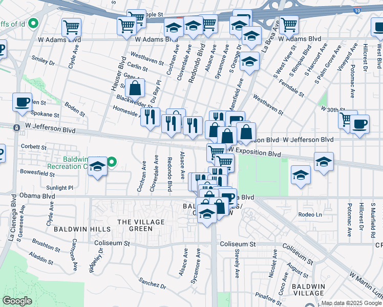 map of restaurants, bars, coffee shops, grocery stores, and more near 3427 South Sycamore Avenue in Los Angeles