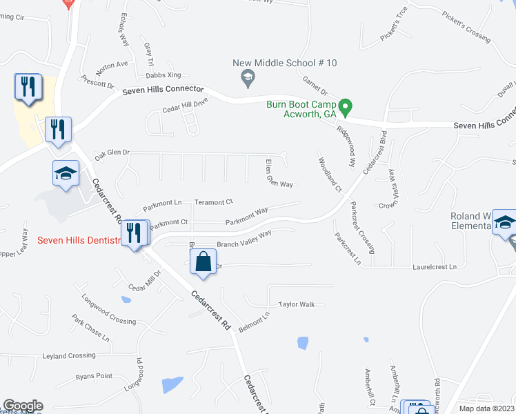 map of restaurants, bars, coffee shops, grocery stores, and more near 249 Parkmont Way in Dallas