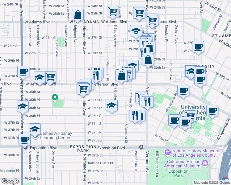 map of restaurants, bars, coffee shops, grocery stores, and more near 3449 South Budlong Avenue in Los Angeles