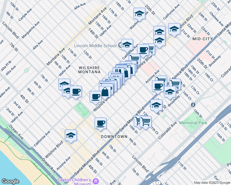 map of restaurants, bars, coffee shops, grocery stores, and more near 1110 Wilshire Boulevard in Santa Monica