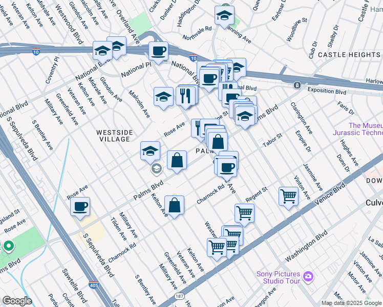 map of restaurants, bars, coffee shops, grocery stores, and more near 10740 Lawler Street in Los Angeles