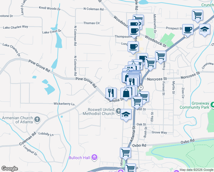 map of restaurants, bars, coffee shops, grocery stores, and more near 7764 Georgetown Chase in Roswell