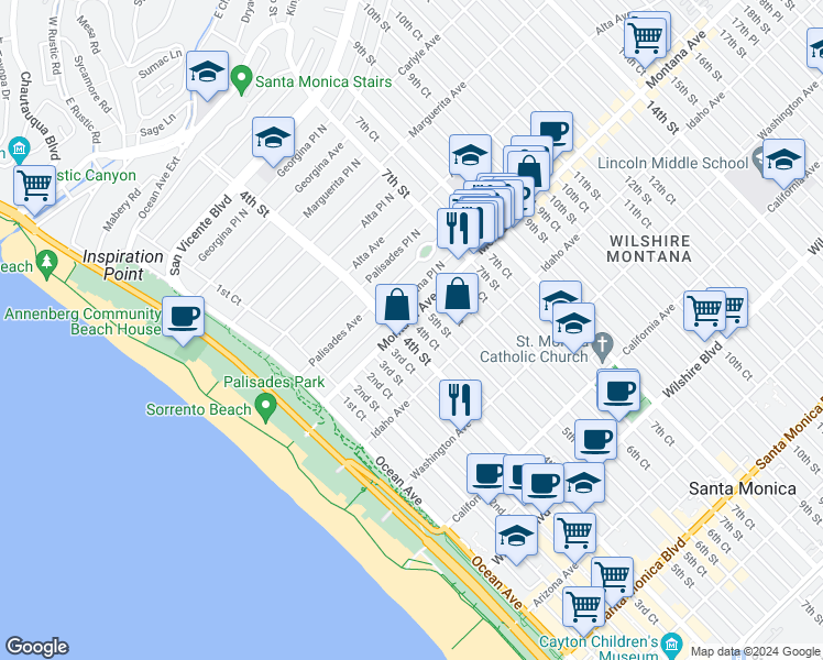 map of restaurants, bars, coffee shops, grocery stores, and more near 807 4th Street in Santa Monica