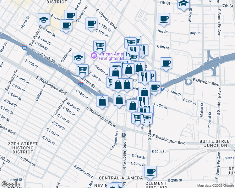 map of restaurants, bars, coffee shops, grocery stores, and more near 1520 East 15th Street in Los Angeles
