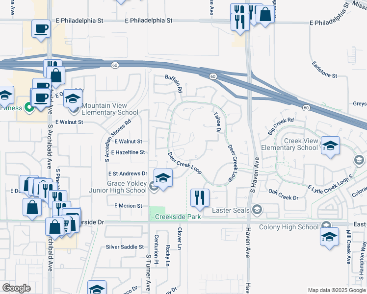 map of restaurants, bars, coffee shops, grocery stores, and more near 3119 Milano in Ontario