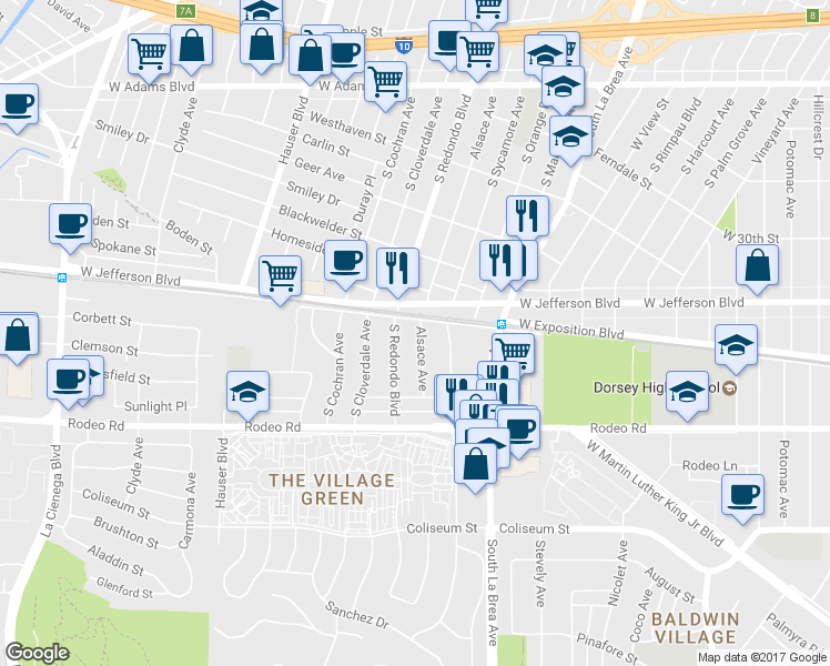 map of restaurants, bars, coffee shops, grocery stores, and more near 3430 South Redondo Boulevard in Los Angeles