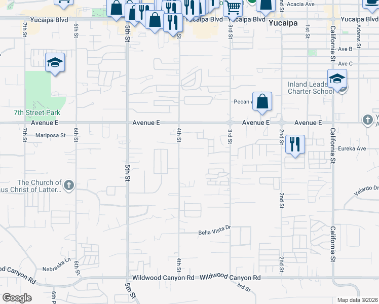map of restaurants, bars, coffee shops, grocery stores, and more near 34521 Eureka Avenue in Yucaipa