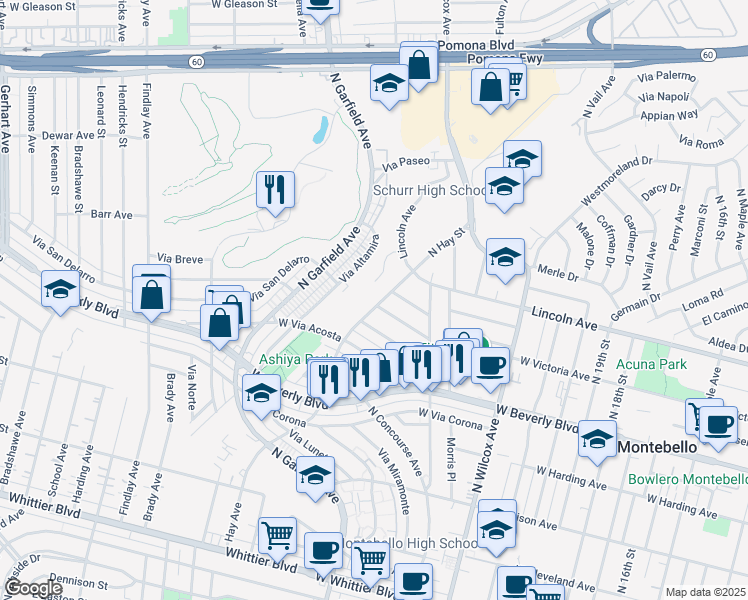 map of restaurants, bars, coffee shops, grocery stores, and more near 605 North Hay Street in Montebello