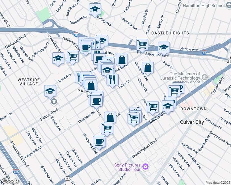 map of restaurants, bars, coffee shops, grocery stores, and more near in Los Angeles