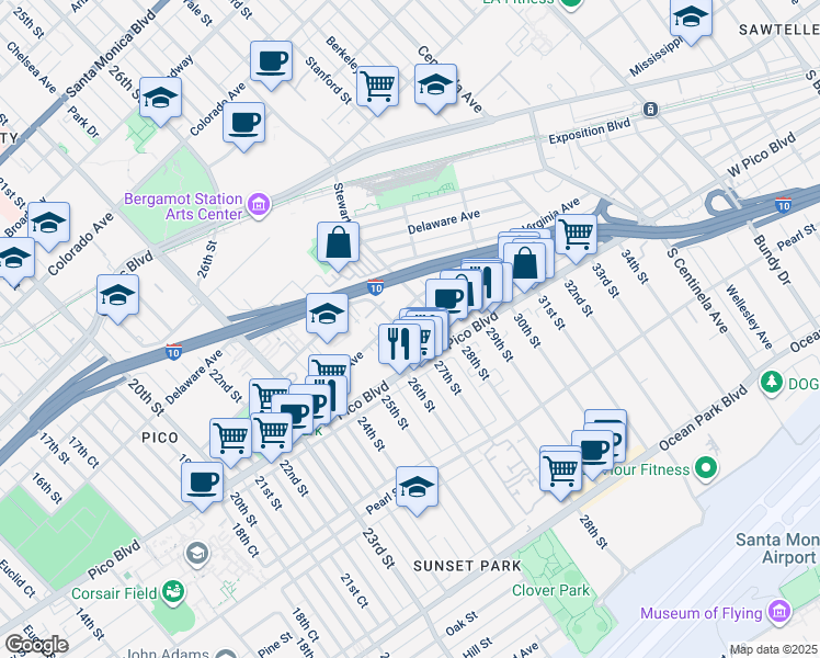 map of restaurants, bars, coffee shops, grocery stores, and more near 2624 Kansas Avenue in Santa Monica